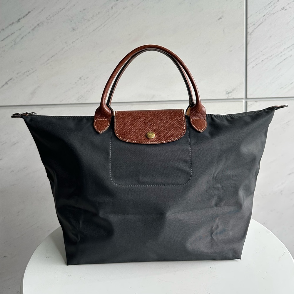 Longchamp Navy/Grey Le Pliage Tote Bag Medium Folding Zipper Nylon Auth